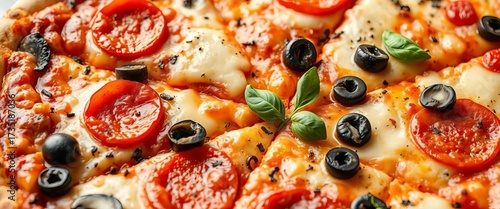 Delicious pizza toppings, pepperoni, mushrooms, olives, cheese, soaring on white,  vibrant,  olives