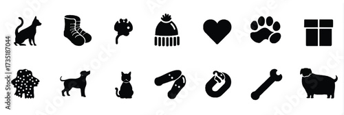Assorted Black Silhouette Icons Depicting Pets Winter Clothing Love Tools and Miscellaneous Items for Creative Designs