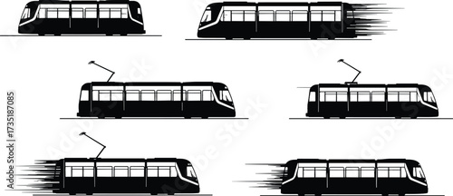 Modern tram silhouette, electric streetcar vector, high speed light rail, passenger transport design, city metro illustration, urban railway vehicle icon