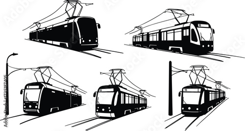 Modern tram silhouettes, railway transport, metro train vector, streetcar illustration, electric tram design, urban commute, public transport, city travel, transit artModern tram silhouettes, railway 