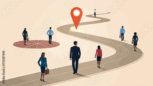 Flat vector illustration of business people walking on winding road with location pin symbol of career path and success
