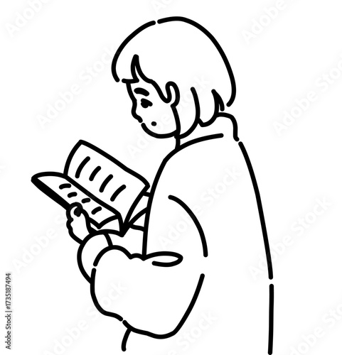 Minimalist line art illustration of a person reading a book, simple black and white drawing, education and knowledge concept.