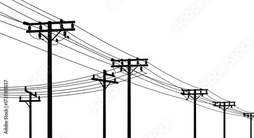 Electric power line poles with high voltage wires, utility transmission network, electricity infrastructure, energy distribution system, communication lines, industrial engineering design