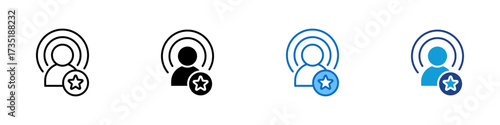 Podcast Host Multiple Style Icon Design Vector - Person with broadcasting waves and star badge, symbolizing podcast speaker or influencer