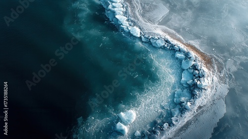 Minimal frozen coast with dark sea, top view