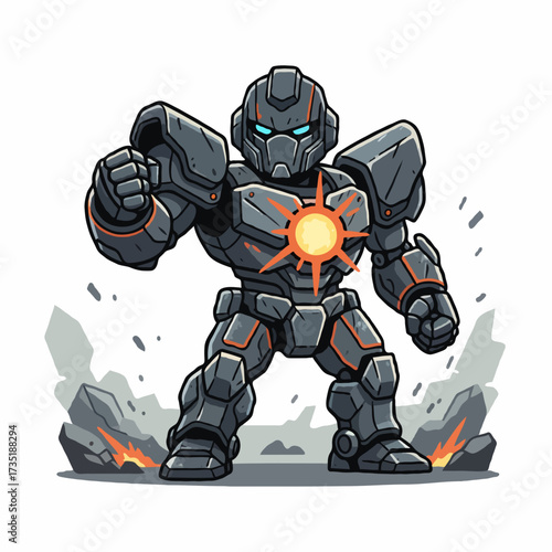 Vector miniature robot warrior with glowing chest core, angular armor, heroic stance, futuristic 2D cartoon style.