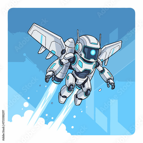 Vector illustration of tiny futuristic robot with jetpack wings, mechanical body, and glowing details.