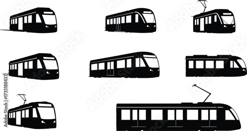 Modern tram vector, electric metro illustration, urban light rail design, passenger streetcar silhouette, fast city transport, contemporary railway, commuter train graphic