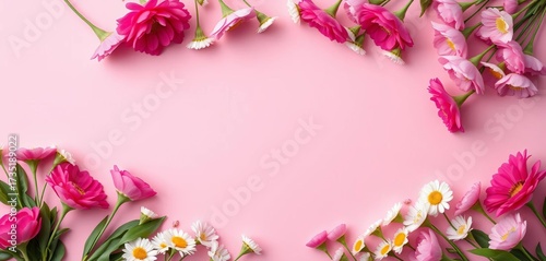 Pink pastel background, heart-shaped spring flower arrangement Top view, valentine, pink background