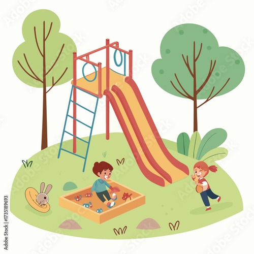 Children enjoy a sunny day playing on a vibrant playground with a slide and sandbox surrounded by trees and green grass