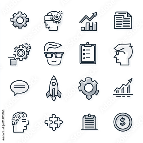 Business startup and innovation icons representing growth vr headset puzzle document and collaboration strategy