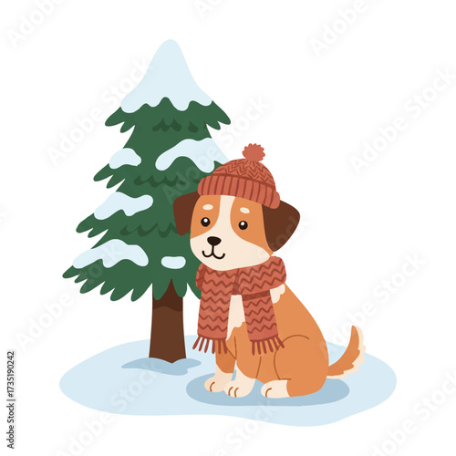 A cute little dog, warmly dressed in a cozy knitted scarf and hat, calmly sits beside a snow-covered pine tree in this vibrant 2D flat vector illustration on a clean white background.