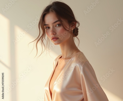 Quiet Luxury Fashion Portrait, Elegant Woman in Soft Satin Attire with Natural Light Glow
