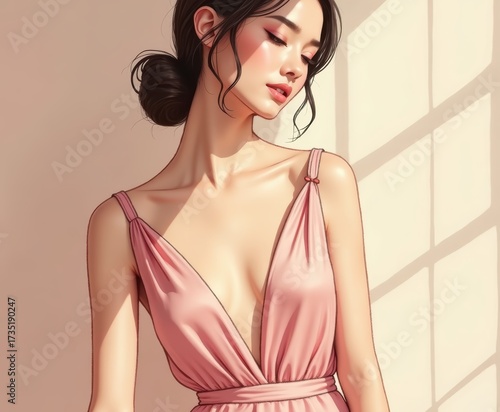 Quiet Luxury Fashion Portrait, Elegant woman in soft pink dress posing by sunlit window