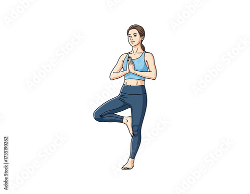 Serene Woman Practicing Yoga A Vibrant Vector Illustration of a Female Figure in the Tree Pose (Vrksasana) on White Background