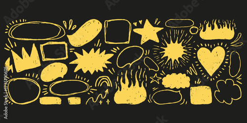 Speech bubble doodles. Crayon pencil drawn shapes for text. Highlight comic frames, hearts, stars, fires. Comic sketchy pop art graphics.