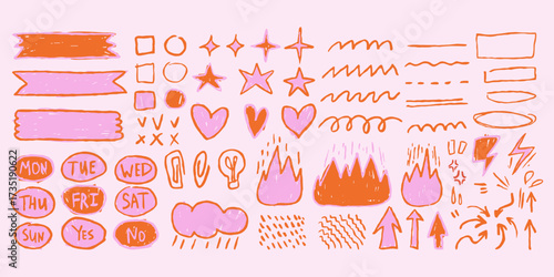 Girly crayon drawn doodle set with planner elements, icons, arrows, hearts, stars in sketchy style. Pink school graphics for notes.