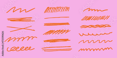 Crayon draw doodle line set with sketchy strokes, highlights, underlines, scribbles, dividers, strikethroughs in chalk pen textures. Vector girly style for text, notes.