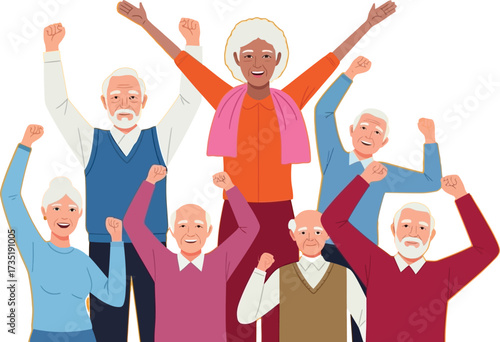 Celebrate International Older Persons Day with a joyful group of seniors raising their arms in solidarity and happiness against a vibrant orange backdrop