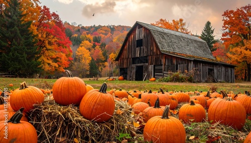 Rustic Barn and Abundant Pumpkins in Vibrant Autumn Foliage