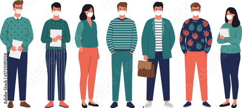People wearing masks, office team illustration, coronavirus protection, business group, safety, teamwork, healthcare, prevention, professional staff, workplace pandemic