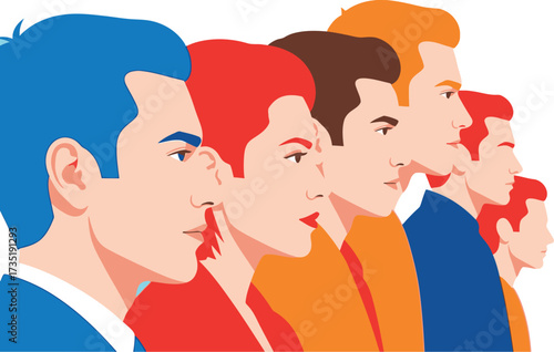 Dynamic team of diverse professionals looking forward, symbolizing vision, leadership, and bright future opportunities with pastel blue background