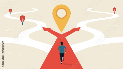 Flat vector illustration of man running on path with location pin choosing direction for future goal and success
