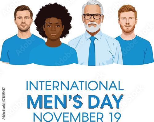 Celebrate International Men's Day with a diverse group of men, promoting equality and awareness on November 19th for social media campaigns