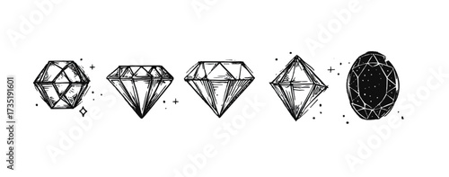 Collection of Diamond Sketches Hand Drawn Gemstones and Precious Stones on White Background Illustration