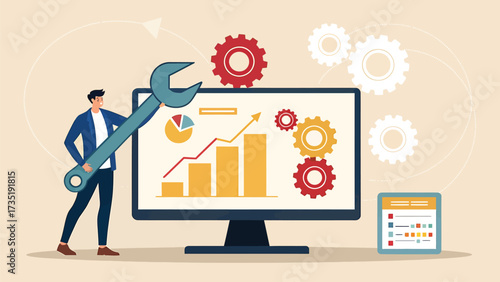 Businessman fixing data analysis and growth strategy on computer screen

