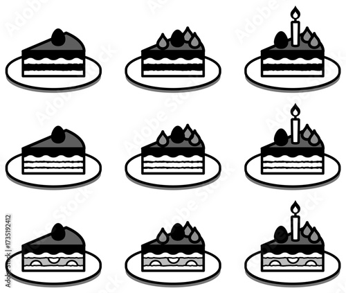 様々な形の美味しそうなケーキアイコンのベクターイラストセット
