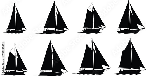Sailboat silhouettes, yacht illustration, sailing ships, marine vector, sea adventure, nautical design, cruise boat, watercraft, ocean travel, sailing art