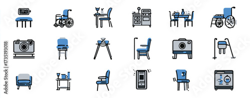 Collection of Iconographic Illustrations featuring Furnishings Appliances Health Aids and Photographic Equipment on a White Background
