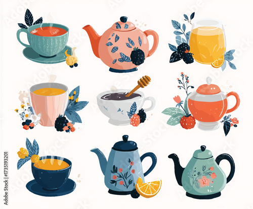 Collection of Teapots and Teacups with Herbal Infusions Blackberries Strawberries Lemon and Honey for Relaxation