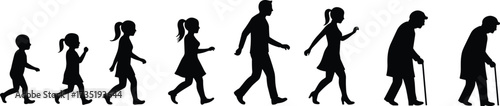 Human life cycle silhouette, growth stages from childhood to old age, evolution of people, aging process, family generation concept illustration