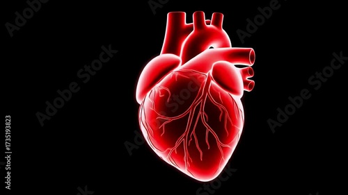 Anatomical illustration of a human heart beating with blood flow.