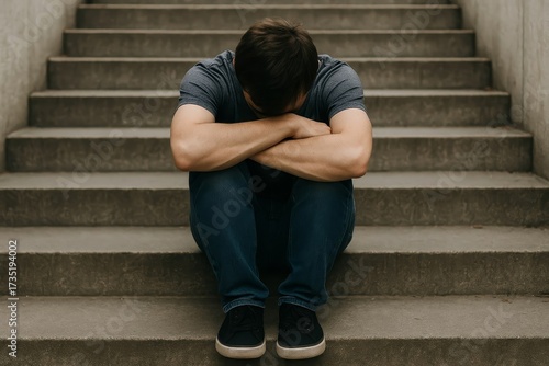 A distraught young man sits on concrete stairs, head buried in arms. He appears to be experiencing sadness, loneliness, or depression.