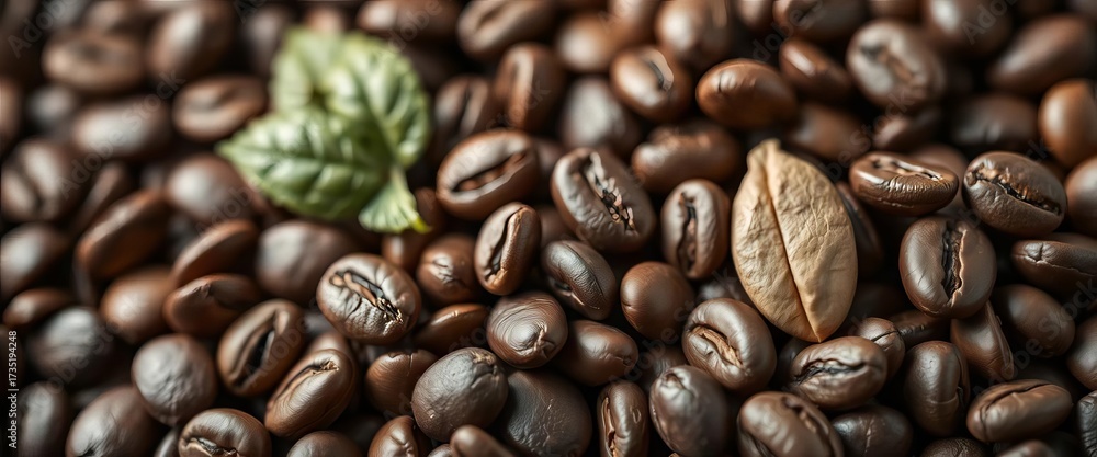 Fototapeta premium Close-up of organic coffee beans, rich brown tones, background, farm