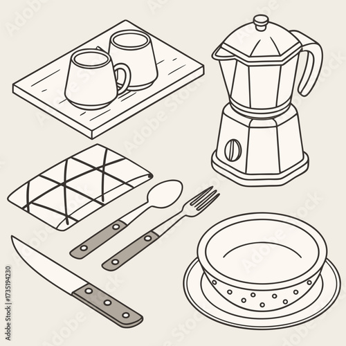 A simple line drawing illustration of kitchen essentials including a coffee maker mugs cutlery a napkin and a colander presented in an isometric perspective