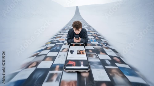 A young man is absorbed in his smartphone, scrolling through an endless surreal road made of social media profiles