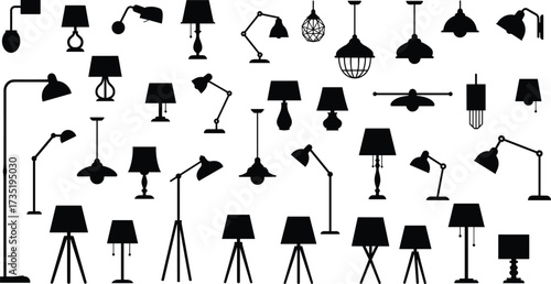 Lamp silhouette collection, desk lamp, table lamp, floor lamp, pendant lamp, wall lamp, modern lighting, home decor, interior design, vector illustration