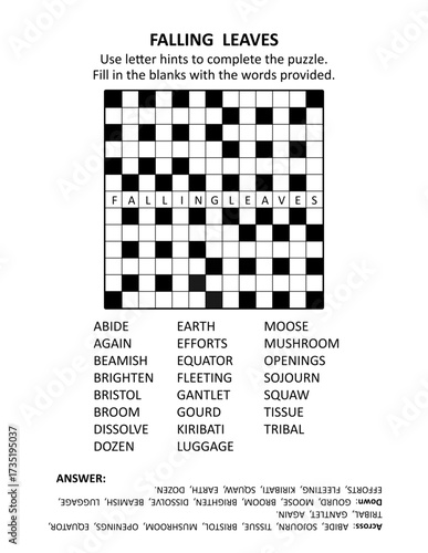 Easy and engaging crossword puzzle game for autumn season evenings or coffee breakes. General knowledge, family friendly content, quick style. Letter hints.  Answer included.
