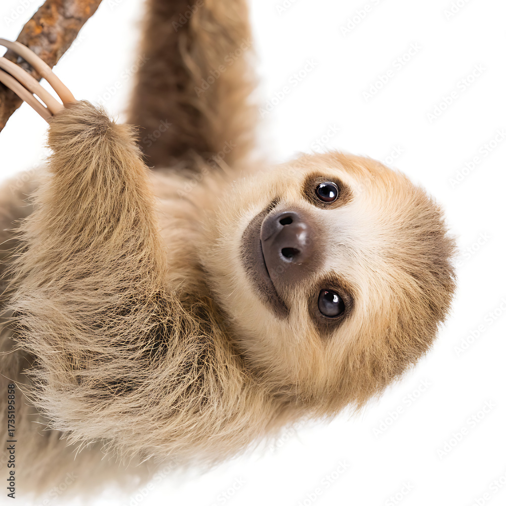 Fototapeta premium A cute sloth hanging upside down from a branch with a white background looking at the camera curiously