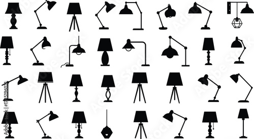 Lamp silhouette vector set, table lamp, desk lamp, floor lamp, modern lighting, interior design, home decor, furniture, black icons