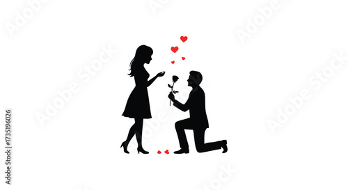 A romantic proposal scene with hearts floating presented in silhouette