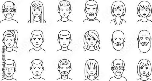Collection of diverse outline people avatars vector design editable