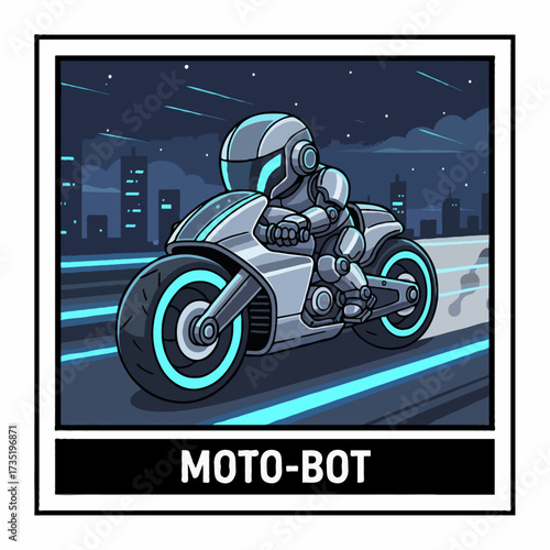 Futuristic motorcycle robot with glowing wheels, tiny vector illustration in cartoon style.