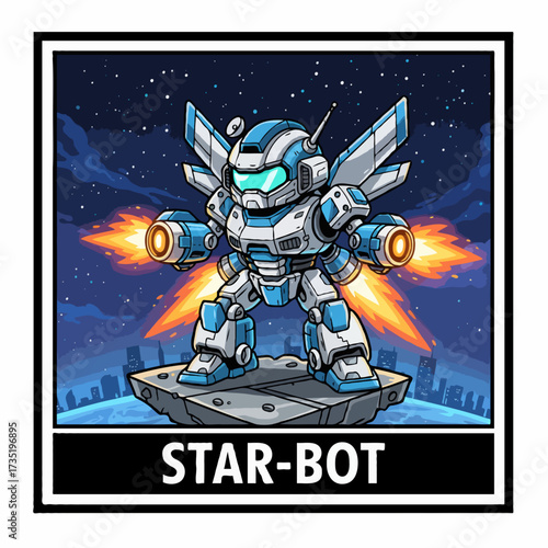 Miniature robot designed from spaceship parts, glowing thrusters, futuristic vector mascot.