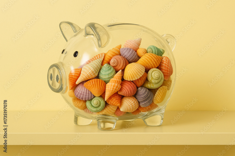 custom made wallpaper toronto digitalColorful seashells fill transparent piggy bank, creating playful and vibrant display against soft yellow background. This charming composition adds whimsical touch to any decor