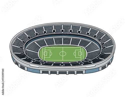 An elevated, detailed illustration of a football stadium, with its seating and pitch in an open view, prepared for a match
